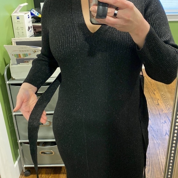 DKNY Sparkly Fitted Black Belted Midi Dress NWT - Picture 6 of 15